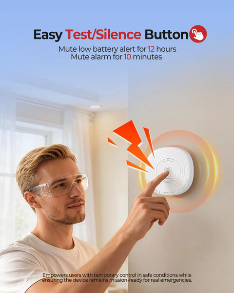 10 Year Sealed Battery Smoke Detector With Photoelectric Sensor No Fuss Low Maintenance Home Alarm For Apartments And Houses Long Lasting Lithium Power For Busy Landlords And Homeowners, wall-mounted white unit with test/silence button