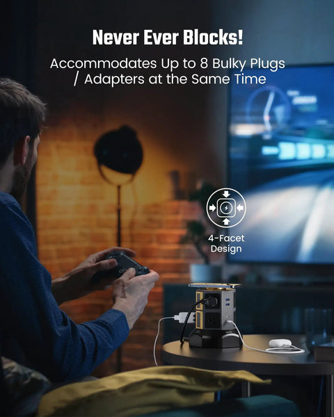 Person using Power Strip Tower With 15W Magnetic Wireless Charger On Top, 6.5Ft Retractable Cord, 1050J Surge Protector, Eight Outlets