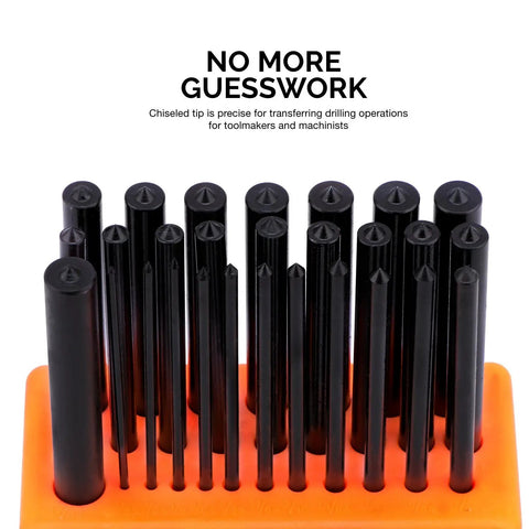 Transfer Punch Set With Premium Heat Treated Alloy Steel Punches 28 Piece Hole Punch Kit on orange stand, top view.