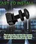 Heavy Duty Black M6 Rack Mount Cage Nuts And 16mm Pan Head Screws With Washers For Server Cabinets Routers showing easy installation step.