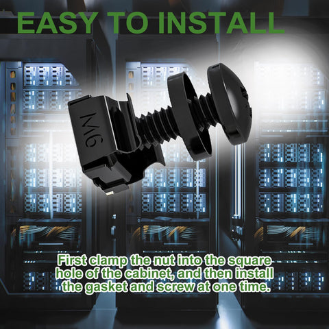 Heavy Duty Black M6 Rack Mount Cage Nuts And 16mm Pan Head Screws With Washers For Server Cabinets Routers showing easy installation step.