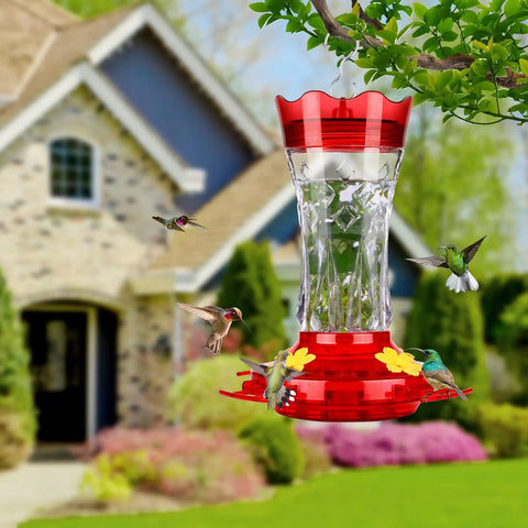 Glass Hummingbird Feeder Outdoor Hanging With Built In Ant Moat And Four Bee Guard Perches Leak Proof 15 Ounce Capacity Stars Decor In Red Theme