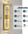 Hot Gold 19 Inch LED Wall Sconce With Crystal Bubble Glass, Dimmable 3000K Warm White Lighting, specifications shown