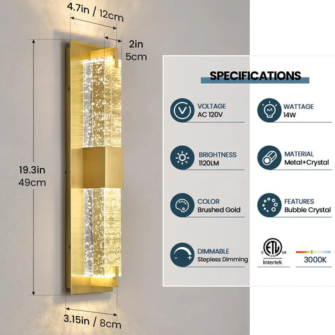 Hot Gold 19 Inch LED Wall Sconce With Crystal Bubble Glass, Dimmable 3000K Warm White Lighting, specifications shown