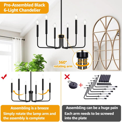 Six Light Farmhouse Industrial Chandelier With Matte Black Finish installed in a modern room showing pre-assembled features and components.