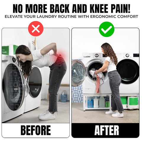 Comparison of laundry routine before and after using Washer And Dryer Pedestal 29 Inch Wide 16 Inch High White Steel Universal Fit.