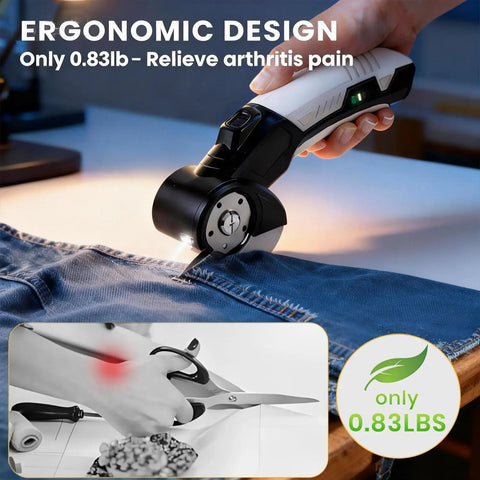 AyP Cordless Electric Scissors 4.2V Rotary Box Cutter With Utility Knife And Storage Case cutting denim fabric.