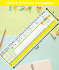 Multiplication Desk Reference Name Plates For Students Kid Friendly Self Adhesive Manuscript Alphabet Tags With Stroke Lines Fractions And Numerals 13.8 By 4 Inches 36 Pack Classroom Desk Labels, showing a nameplate with ruler, alphabet, fractions.
