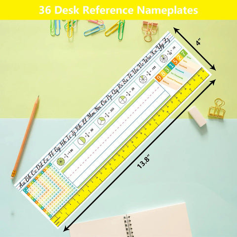 Multiplication Desk Reference Name Plates For Students Kid Friendly Self Adhesive Manuscript Alphabet Tags With Stroke Lines Fractions And Numerals 13.8 By 4 Inches 36 Pack Classroom Desk Labels, showing a nameplate with ruler, alphabet, fractions.