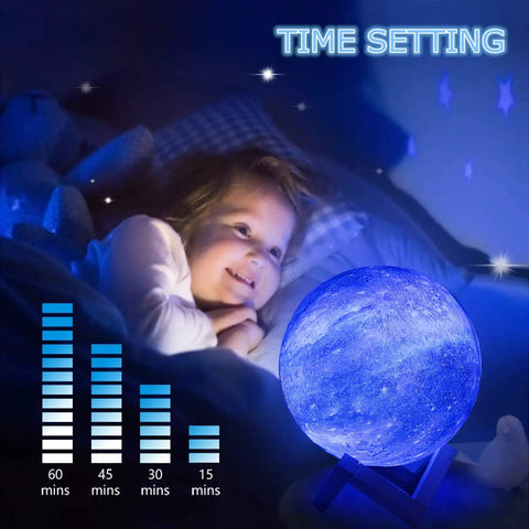 Lit Galaxy Moon Night Light With Stand And Remote, glowing blue, child looking at 3D printed moon lamp, timer setting visible.