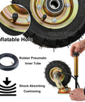 Close-up of 10 Inch Pneumatic Rubber Wheel with Inflatable Hole for Heavy Duty Swivel Caster Set Of Four, smooth shock absorbing ride.