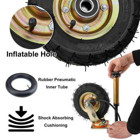 Close-up of 10 Inch Pneumatic Rubber Wheel with Inflatable Hole for Heavy Duty Swivel Caster Set Of Four, smooth shock absorbing ride.