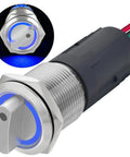Rock Solid 19mm Three Quarter Inch Stainless Steel Rotary Switch 2NO 2NC DPDT Latching 90 Degree 2 Position With Blue LED
