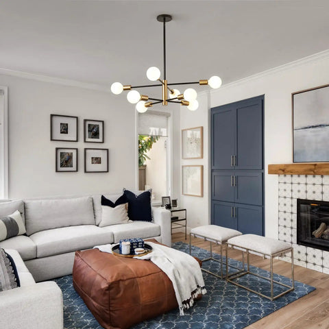 Dope Black And Gold Sputnik Chandelier 8 Light Modern Ceiling Fixture With Height Adjustable Rods in a living room scene.