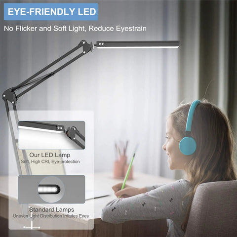Child studying under Swing Arm Desk Lamp With Clamp Dimmable Eye Care Desk Light Memory Function Three Color Modes Ten Brightness Levels