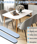 8 Pack Self Stick Furniture Sliders For Carpet Easy Moving Pads For Chairs Tables Desks Sofas Couches 75x15mm Floor Protectors With Adhesive Backing To Glide Smoothly And Keep Floors Scratch Free, shown in use under dining chairs and table.