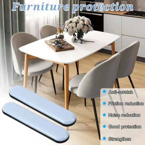 8 Pack Self Stick Furniture Sliders For Carpet Easy Moving Pads For Chairs Tables Desks Sofas Couches 75x15mm Floor Protectors With Adhesive Backing To Glide Smoothly And Keep Floors Scratch Free, shown in use under dining chairs and table.