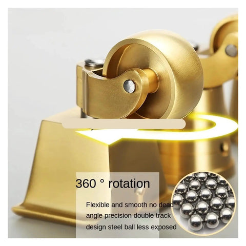 Close-up of brass swivel wheel flat casters, showing 360° rotation design for heavy duty silent furniture leg casters for chairs beds sofas and desks.