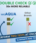 Comparison of DoubleCheck Water Hardness Test Kit strips with other brands, highlighting dual pad color readout for accuracy.