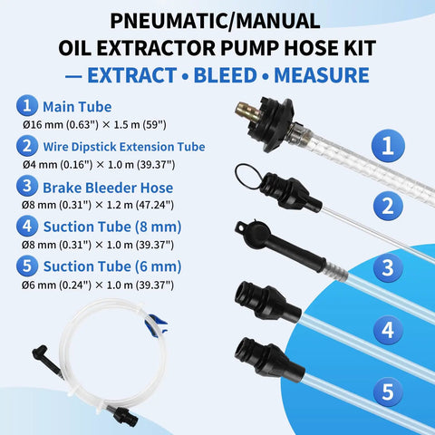 Vacuum Fluid Extractor Hose Kit For Pneumatic Or Manual Pumps, 5-piece set with steel-wire PVC hose, suction tubes, and dipstick