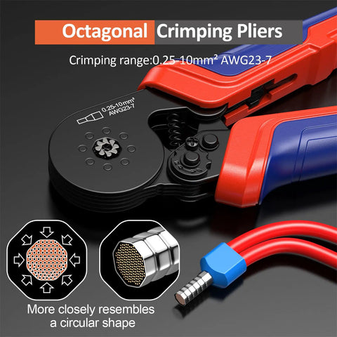 Close-up of Octagonal Ferrule Crimping Tool Kit with Self-Adjusting Ratchet, 1250 PCS Single And Twin Ferrules, AWG 23-7.