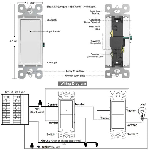 Diagram of Three Way Light Switch With Night Light No Neutral Required, includes wiring and component details, 15 Amp 110V.