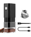 Road Trip Ready Portable Electric Coffee Grinder With Adjustable Stainless Steel Burrs, USB Rechargeable One Touch Auto Stop, No Sweat Brewing For Espresso To French Press, Collapsible Hopper In Black with coffee grounds and accessories.