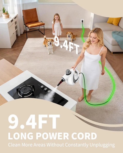 Young woman using the Grab This Bad Boy Of A Handheld Steam Cleaner For Home with 9.4ft cord, cleaning stovetop in a cozy living room.