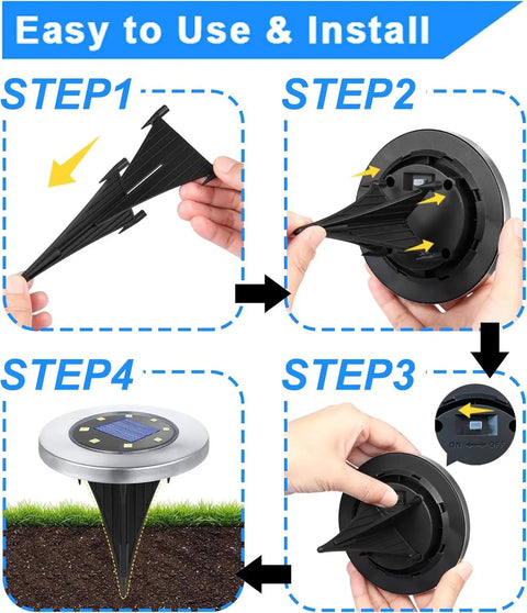 Installation steps for Sun Powered 8 LED Solar Ground Lights Waterproof For Outdoor Pathway And Garden No Fuss Install In Ground Landscape Lighting