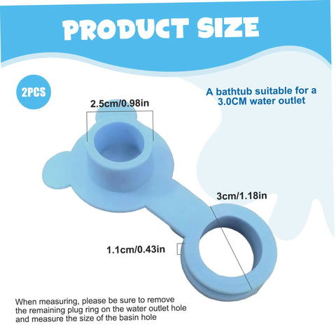 2Pack Silicone Blue Bathtub Stopper Plug size details showing 3.0cm diameter, 2.5cm inner hole, and 1.1cm thickness for secure fit.