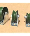 Front/side view: three green V-groove pulleys with metal mounting brackets for sliding gates, 2.2-inch diameter.
