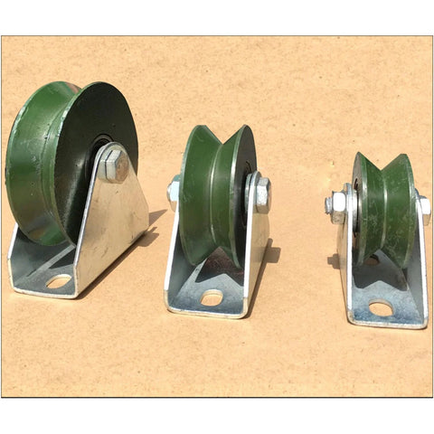 Front/side view: three green V-groove pulleys with metal mounting brackets for sliding gates, 2.2-inch diameter.
