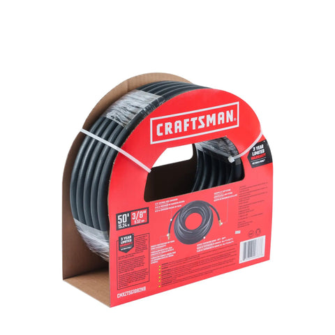 Heavy Duty Rubber Air Hose Three Eighths Inch By Fifty Feet, 300 PSI, Oil And Abrasion Resistant, in packaging