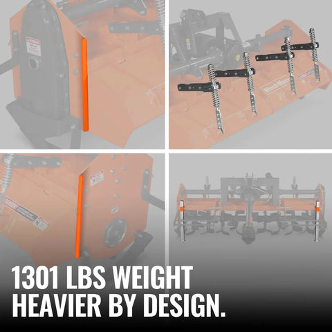 Collage image of the 90 Inch Heavy Duty Rotary Tiller With Gear Drive And Pto Shaft Included, 3 Point Hitch Cat 2, Slip Clutch, for 50-90 HP tractors, highlighting sturdy design.