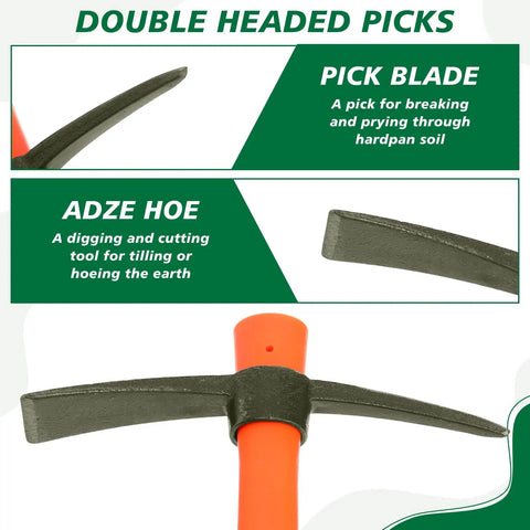 8 Piece Pick Mattock Hoe Set, 15 Inch Heavy Duty Forged Garden Pick Axe With Rubber Non Slip Handle dual heads display