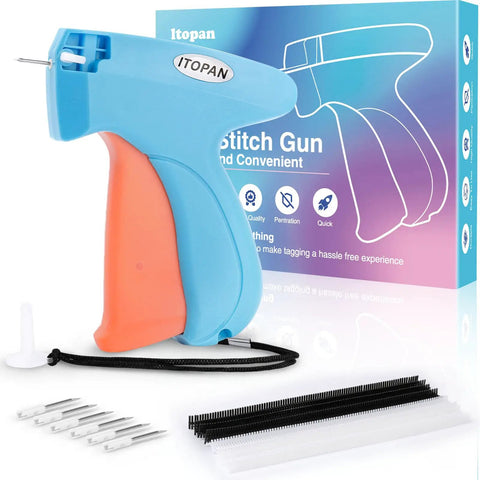 DIY Garment Stitch Gun For Quick Clothing Fixes With 6 Fine Needles And 1000 Black Plus 1000 White Fasteners next to packaging