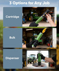 J-KU grease gun in three views: loading cartridge, pumping grease, and dispensing into a bucket