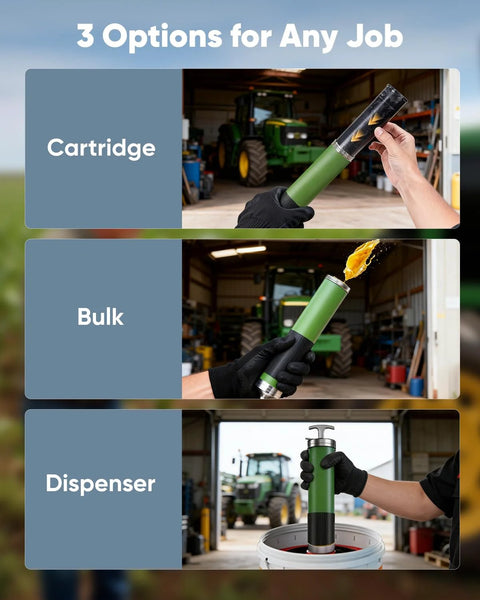 J-KU grease gun in three views: loading cartridge, pumping grease, and dispensing into a bucket