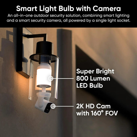 Bulb Cam 2K HD Smart Security Light With Color Night Vision, 800 Lumen LED, wall mounted, with 160° wide view and camera