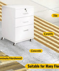 White file cabinet on 1.5 Inch Heavy Duty Furniture Caster Wheels Set of 4 Rubber No Squeak Swivel Castors, suitable for different floors.