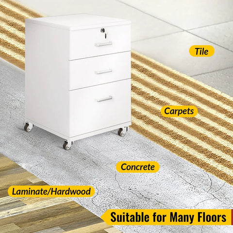 White file cabinet on 1.5 Inch Heavy Duty Furniture Caster Wheels Set of 4 Rubber No Squeak Swivel Castors, suitable for different floors.
