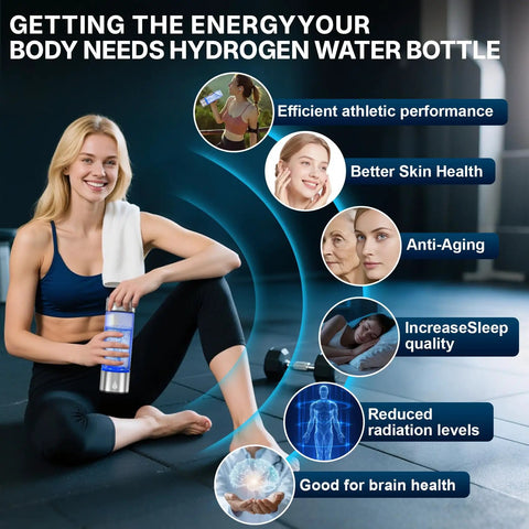 Woman holding Portable Hydrogen Water Bottle Generator With Rechargeable Battery, On The Go Ionizer Using SPE PEM Technology