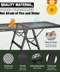 Foldable Grill Table With Mesh Desktop 200Lb Capacity 4 Foot Portable Outdoor Table For Camping Picnic BBQ Beach And RV Height Adjustable Metal Table with fire and water resistance features.