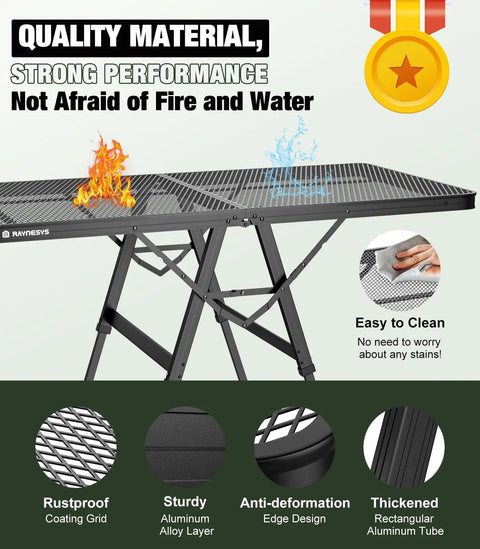 Foldable Grill Table With Mesh Desktop 200Lb Capacity 4 Foot Portable Outdoor Table For Camping Picnic BBQ Beach And RV Height Adjustable Metal Table with fire and water resistance features.