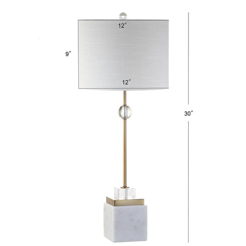 30 Inch White Marble And Brass Gold LED Table Lamp Set Of 2 Modern Glam Crystal Pedestal Lamps For Living Room Or Bedroom White Linen Shade Energy Efficient LED Bulbs Included, shown in white shade and brass stem