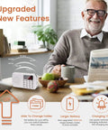 Smiling person with Tiny But Mighty Ultra Compact AM FM Pocket Radio With MP3 Player LED Flashlight And Micro SD TF Card USB Support Auto Scan Save 1200mAh Rechargeable Battery Operated Latest Version on table