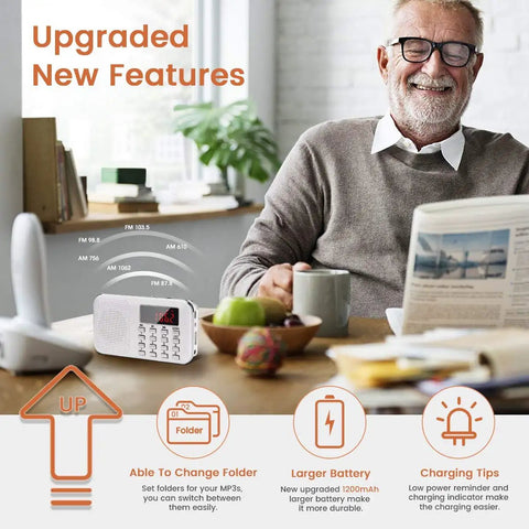 Smiling person with Tiny But Mighty Ultra Compact AM FM Pocket Radio With MP3 Player LED Flashlight And Micro SD TF Card USB Support Auto Scan Save 1200mAh Rechargeable Battery Operated Latest Version on table
