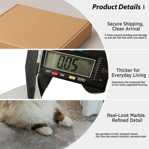 Self Adhesive Marble Look Peel And Stick Floor Tiles 12 By 12 Vinyl Sticker With Textured Slip Resistant Surface Spill Resistant Renter Friendly For Quick Bathroom And Kitchen Floor Upgrade 20 Pack details showing thickness measurement and realistic marble texture.