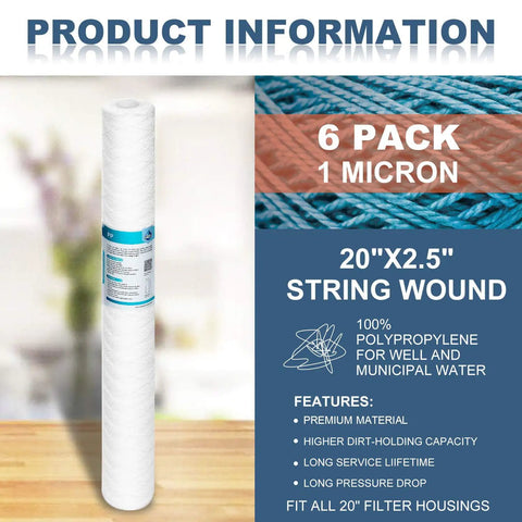5 Micron Sediment Water Filter String Wound Polypropylene Cartridge 2.5 Inch OD By 20 Inch Length For Whole House Filtration Systems Universal 20x2.5 Inch Size 6 Pack Heavy Duty Filtration product information chart