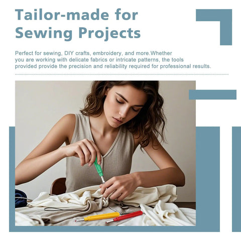 Woman using tool from Ultimate All In One Seam Ripper Kit For Sewing And Crafting Enthusiasts Includes 3 Large And 3 Small Seam Rippers